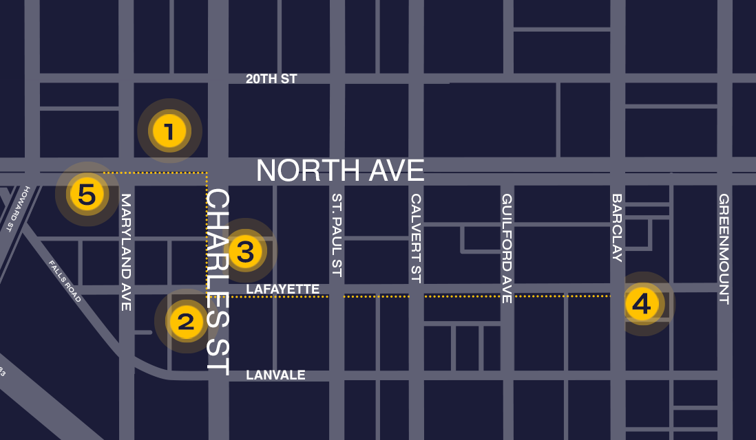 A dark map shows North Ave and Charles St with five yellow numbered circles highlighting specific intersections and streets in Baltimore, MD.