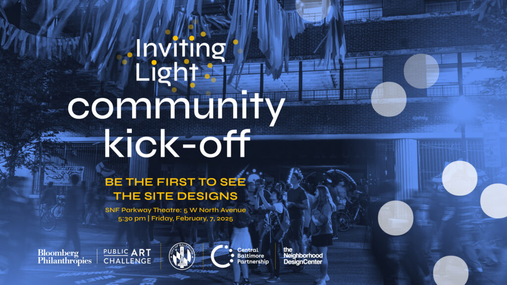 A blue-toned event poster for Inviting Light: community kick-off with site design preview details, date, time, location, and sponsor logos at the bottom. Streamers hang overhead; a crowd is visible in the background.